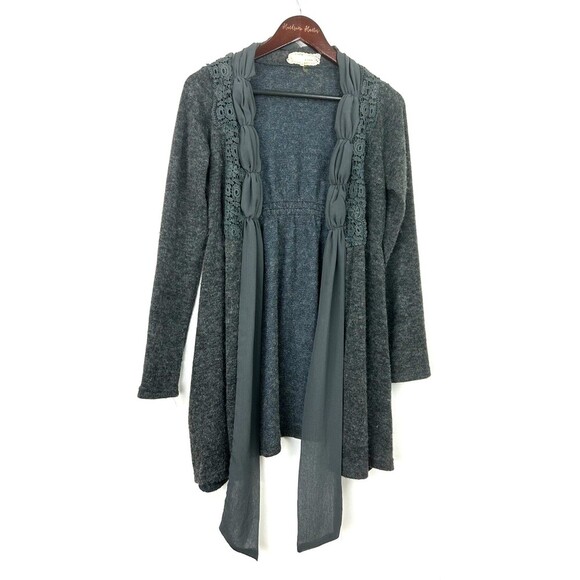 Areve Women Gray Ruffle Bow Lace Trim Longline Boho Cardigan Sweater Sz S 1110H3 - Picture 3 of 11